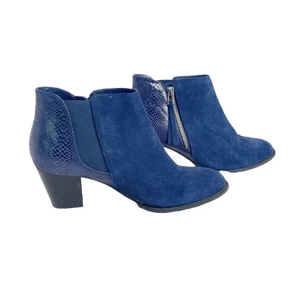 VIONIC Ankle Boots Sz 9.5 322 Anne Blue Suede Snakeskin Accent Side Zip Women - Picture 2 of 12